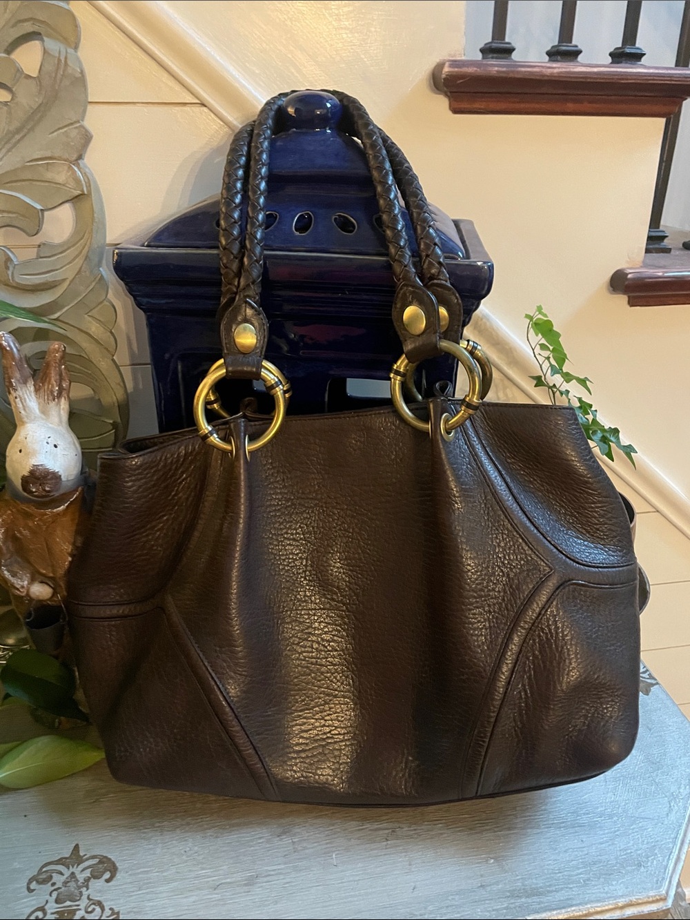 Kenneth Cole Dark Brown Leather ShouldetBag with Braided Handles Brass Hardware